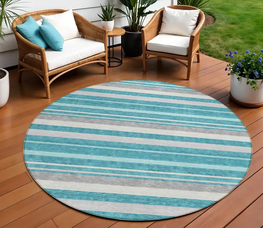 8' Teal Blue Gray And Ivory Round Striped Washable Indoor Outdoor Area Rug Photo 1