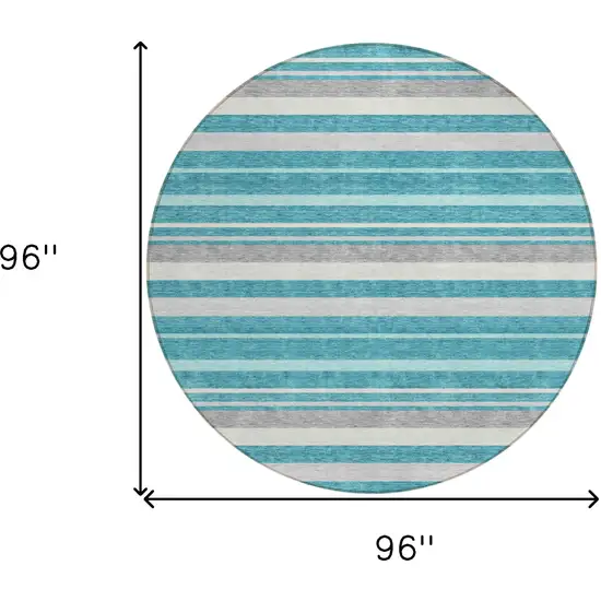 8' Teal Blue Gray And Ivory Round Striped Washable Indoor Outdoor Area Rug Photo 3