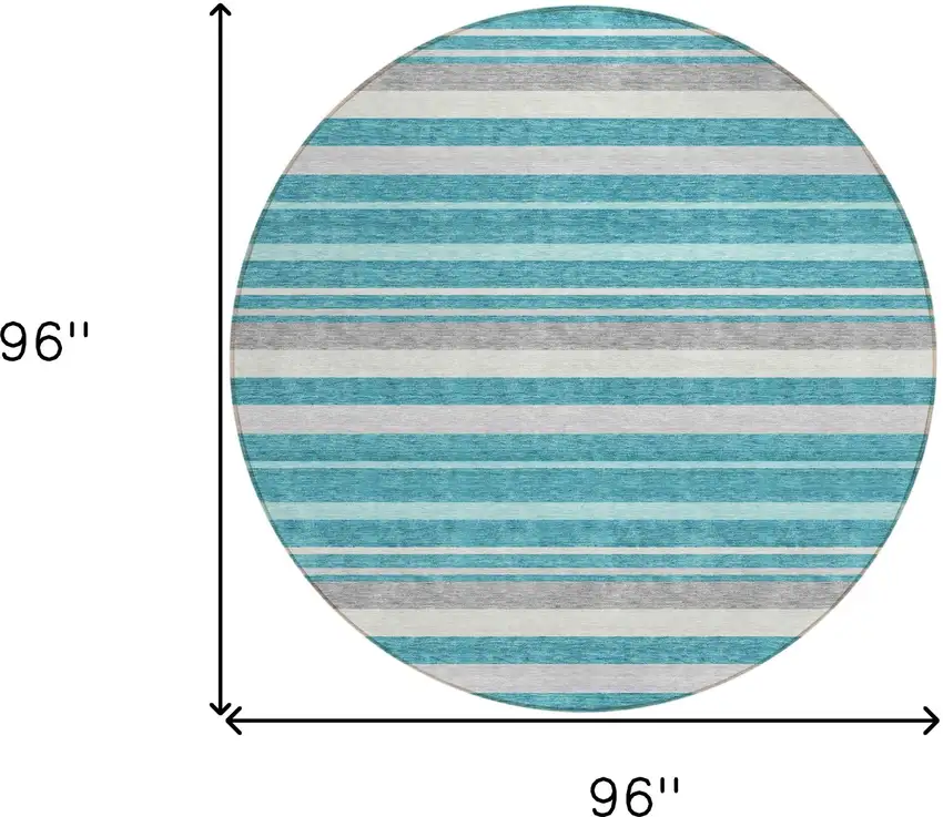 8' Teal Blue Gray And Ivory Round Striped Washable Indoor Outdoor Area Rug Photo 3