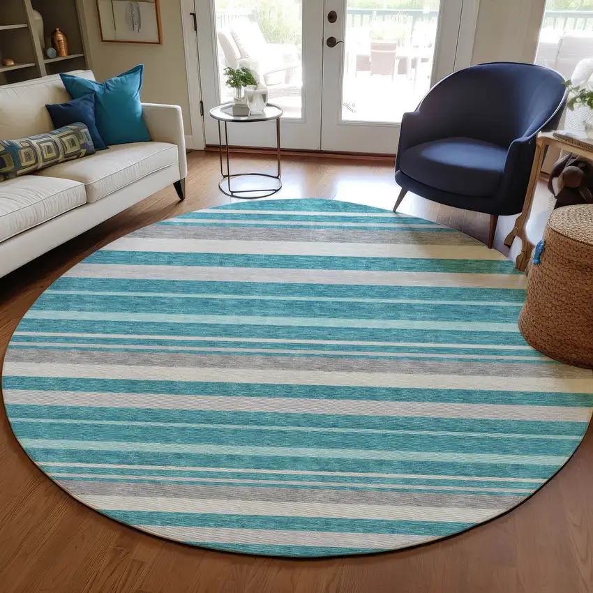 8' Teal Blue Gray And Ivory Round Striped Washable Indoor Outdoor Area Rug Photo 7