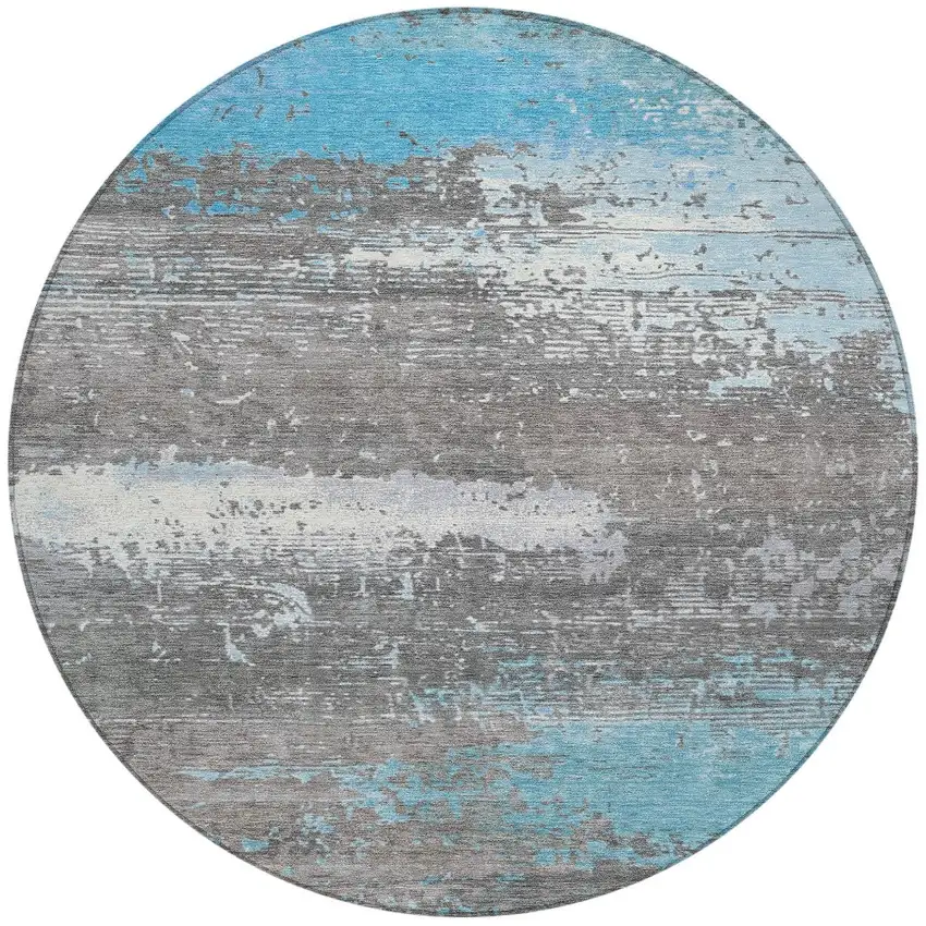 8' Teal Blue Gray And Silver Round Abstract Washable Indoor Outdoor Area Rug Photo 3