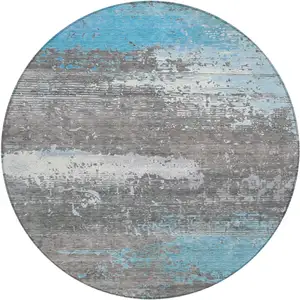 Photo of 8' Teal Blue Gray And Silver Round Abstract Washable Indoor Outdoor Area Rug