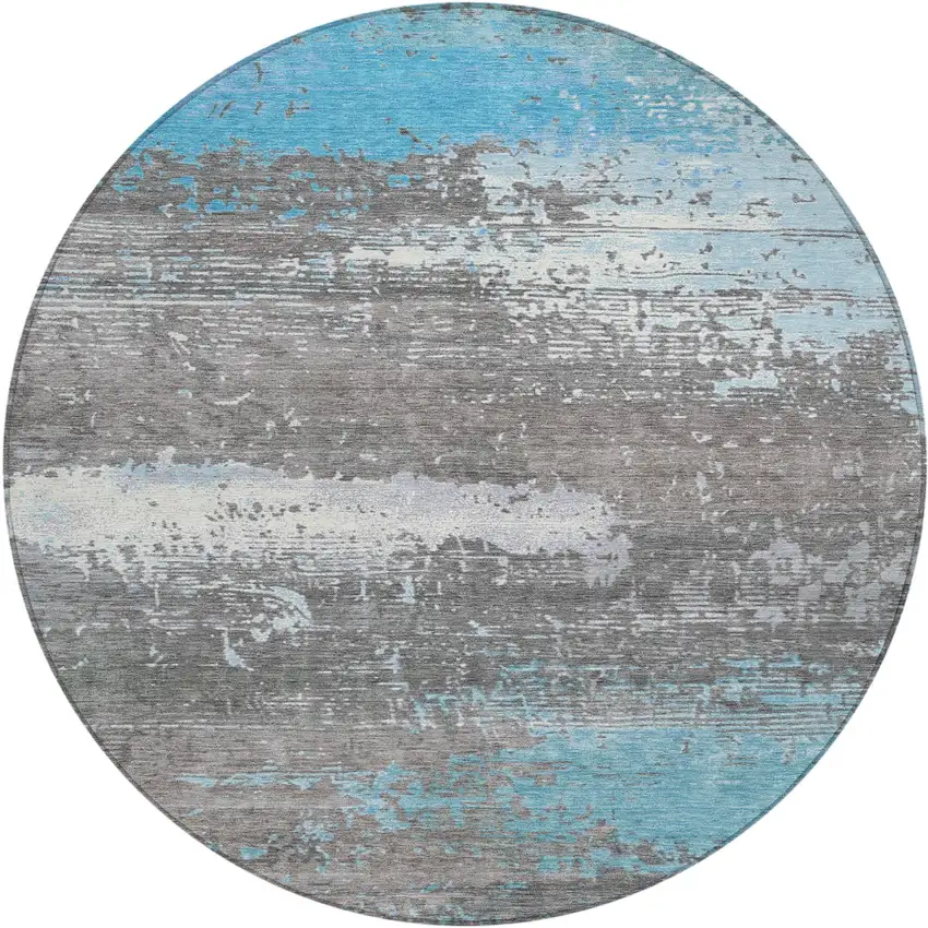 8' Teal Blue Gray And Silver Round Abstract Washable Indoor Outdoor Area Rug Photo 1