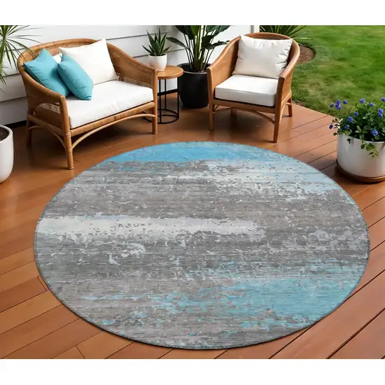 8' Teal Blue Gray And Silver Round Abstract Washable Indoor Outdoor Area Rug Photo 2