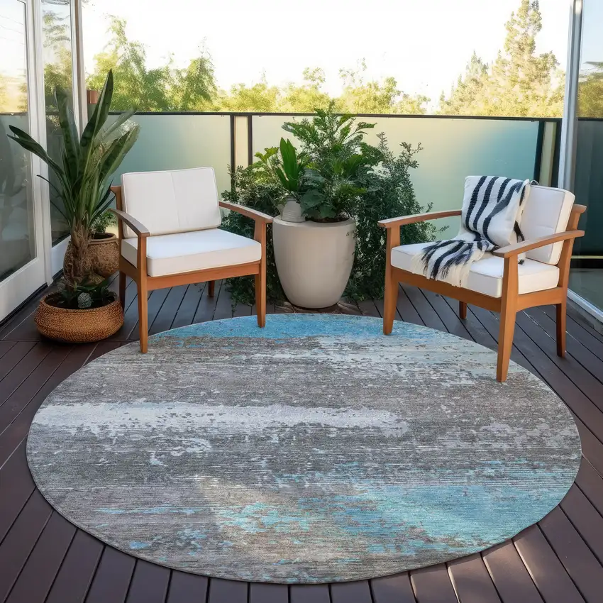 8' Teal Blue Gray And Silver Round Abstract Washable Indoor Outdoor Area Rug Photo 5