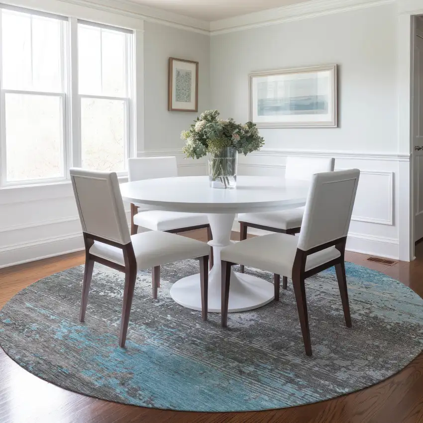 8' Teal Blue Gray And Silver Round Abstract Washable Indoor Outdoor Area Rug Photo 6