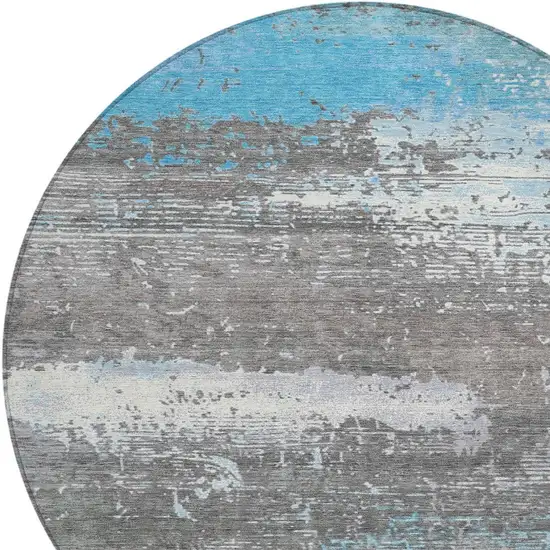8' Teal Blue Gray And Silver Round Abstract Washable Indoor Outdoor Area Rug Photo 8