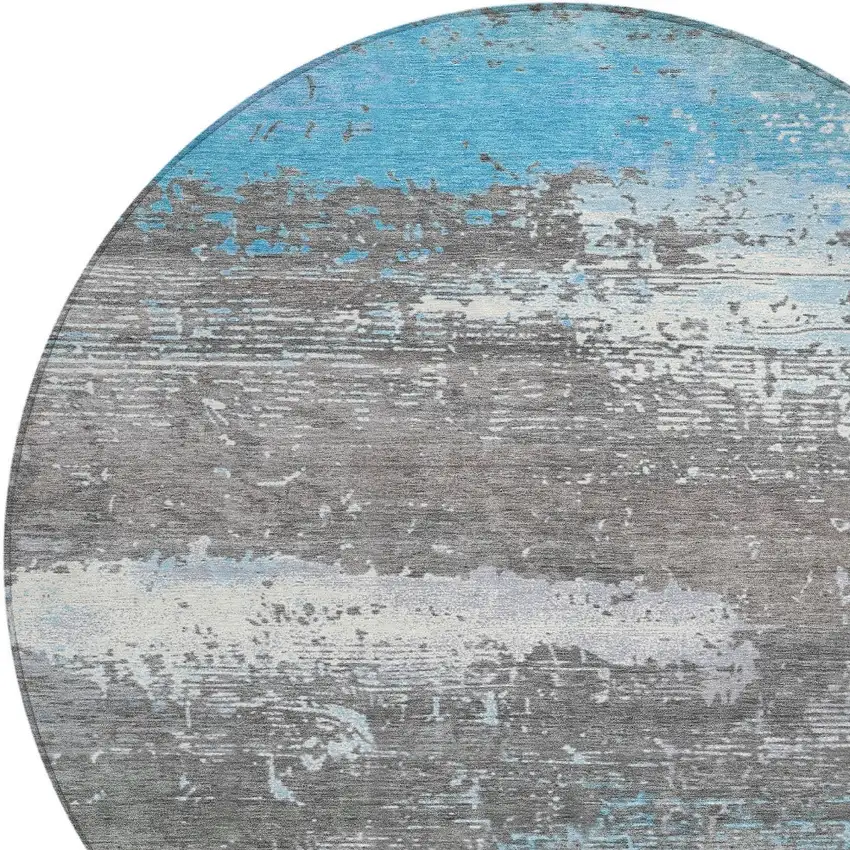 8' Teal Blue Gray And Silver Round Abstract Washable Indoor Outdoor Area Rug Photo 8