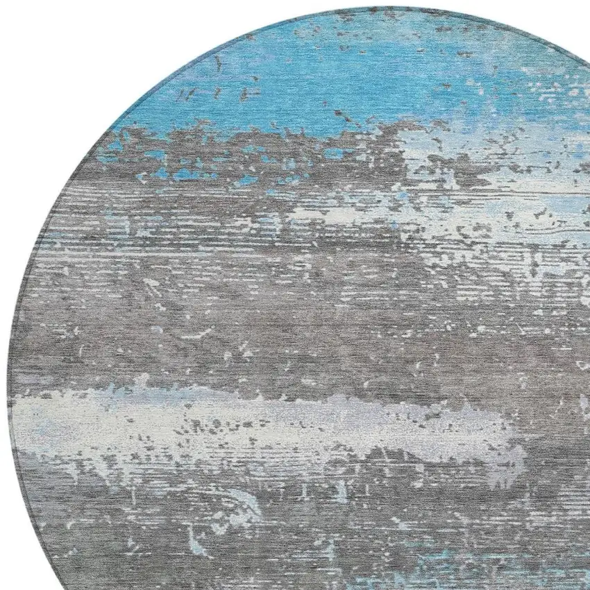 8' Teal Blue Gray And Silver Round Abstract Washable Indoor Outdoor Area Rug Photo 4