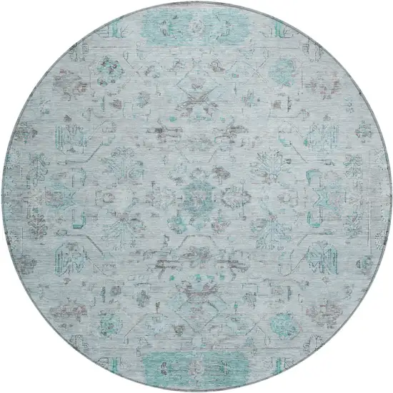 8' Teal Blue Gray And Silver Round Tribal Washable Indoor Outdoor Area Rug Photo 2