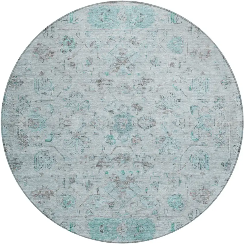 8' Teal Blue Gray And Silver Round Tribal Washable Indoor Outdoor Area Rug Photo 2