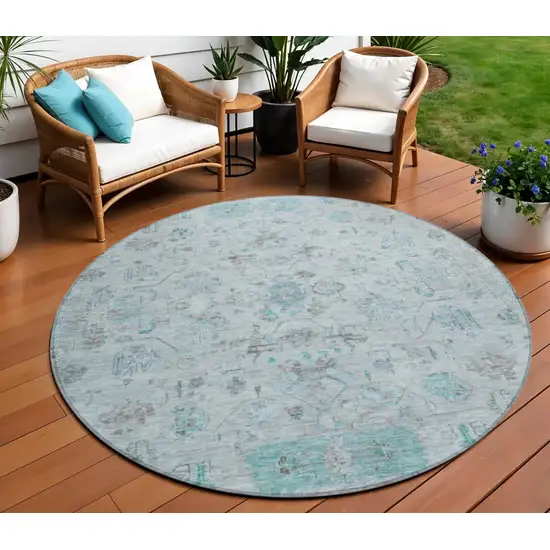 8' Teal Blue Gray And Silver Round Tribal Washable Indoor Outdoor Area Rug Photo 1