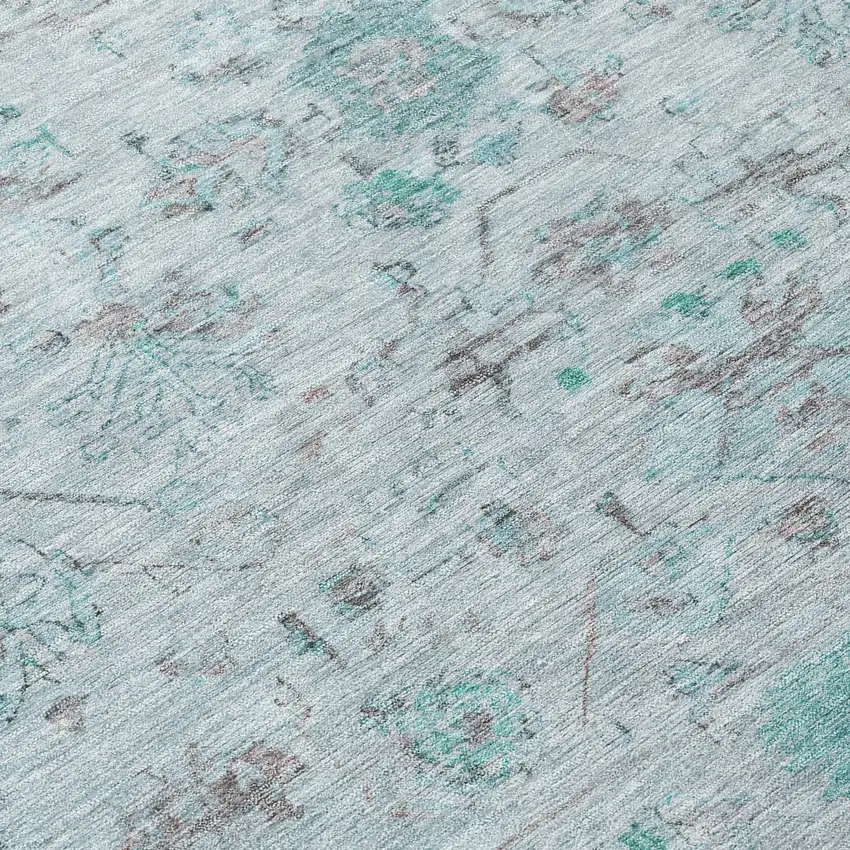 8' Teal Blue Gray And Silver Round Tribal Washable Indoor Outdoor Area Rug Photo 9