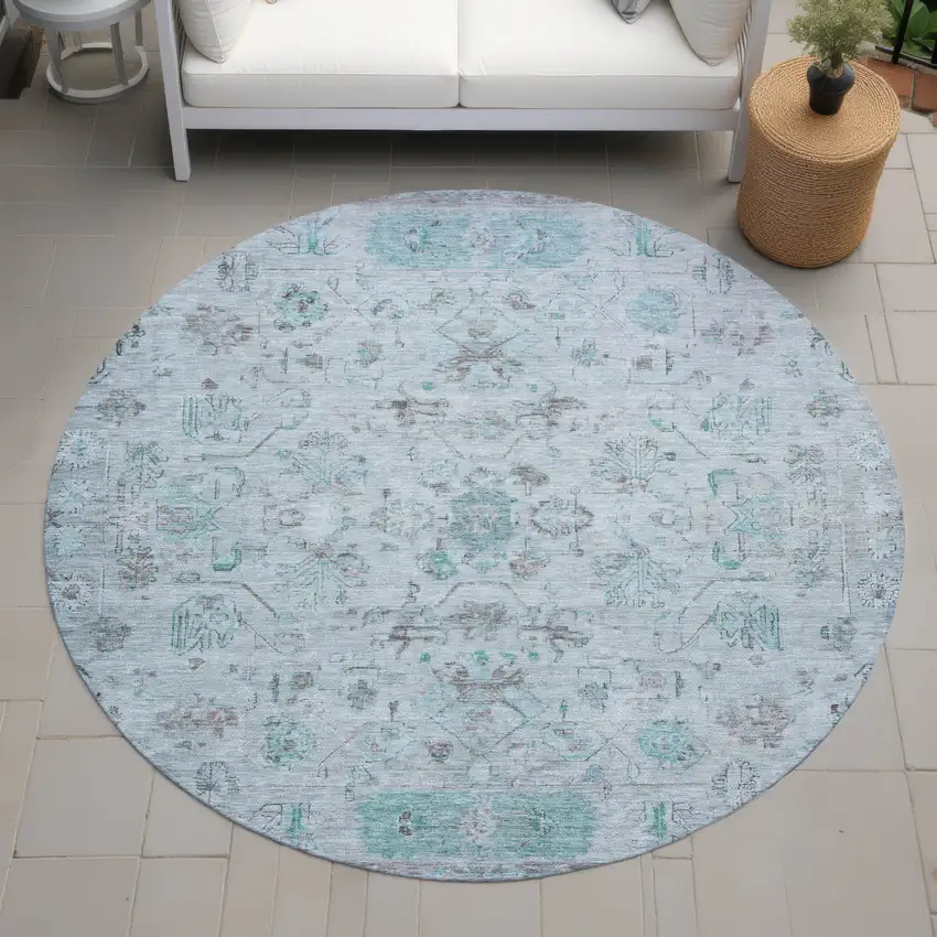 8' Teal Blue Gray And Silver Round Tribal Washable Indoor Outdoor Area Rug Photo 7
