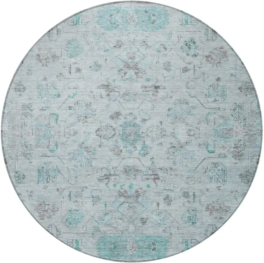 8' Teal Blue Gray And Silver Round Tribal Washable Indoor Outdoor Area Rug Photo 4