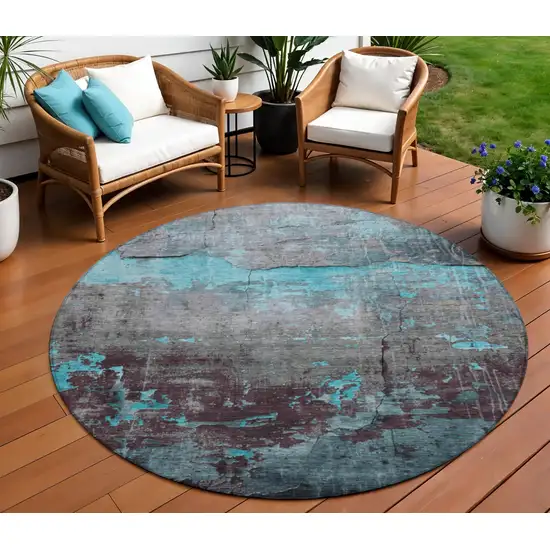 8' Teal Blue Gray And Taupe Round Abstract Washable Indoor Outdoor Area Rug Photo 2