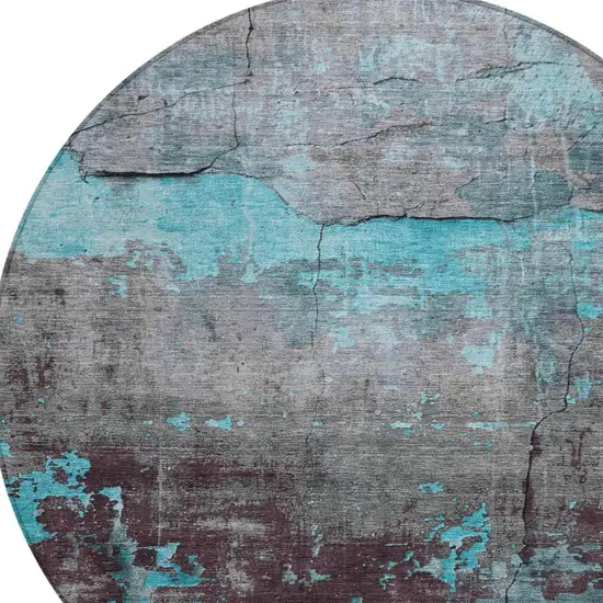 8' Teal Blue Gray And Taupe Round Abstract Washable Indoor Outdoor Area Rug Photo 8