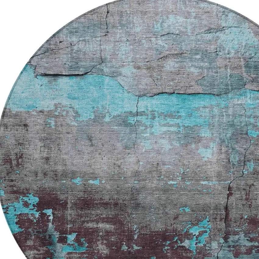 8' Teal Blue Gray And Taupe Round Abstract Washable Indoor Outdoor Area Rug Photo 8