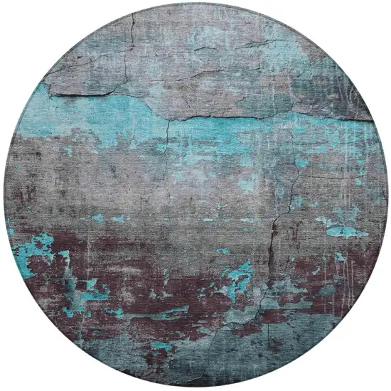 8' Teal Blue Gray And Taupe Round Abstract Washable Indoor Outdoor Area Rug Photo 3