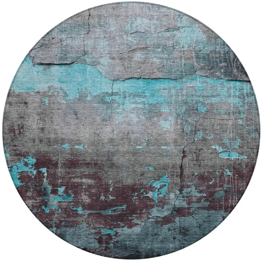 8' Teal Blue Gray And Taupe Round Abstract Washable Indoor Outdoor Area Rug Photo 3