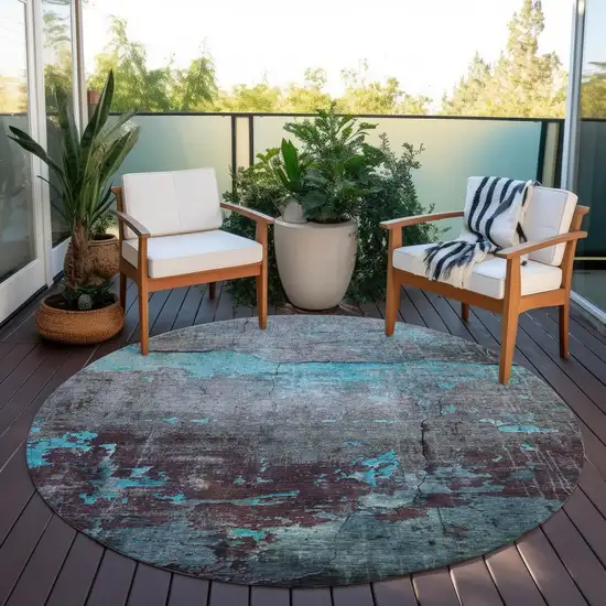 8' Teal Blue Gray And Taupe Round Abstract Washable Indoor Outdoor Area Rug Photo 5