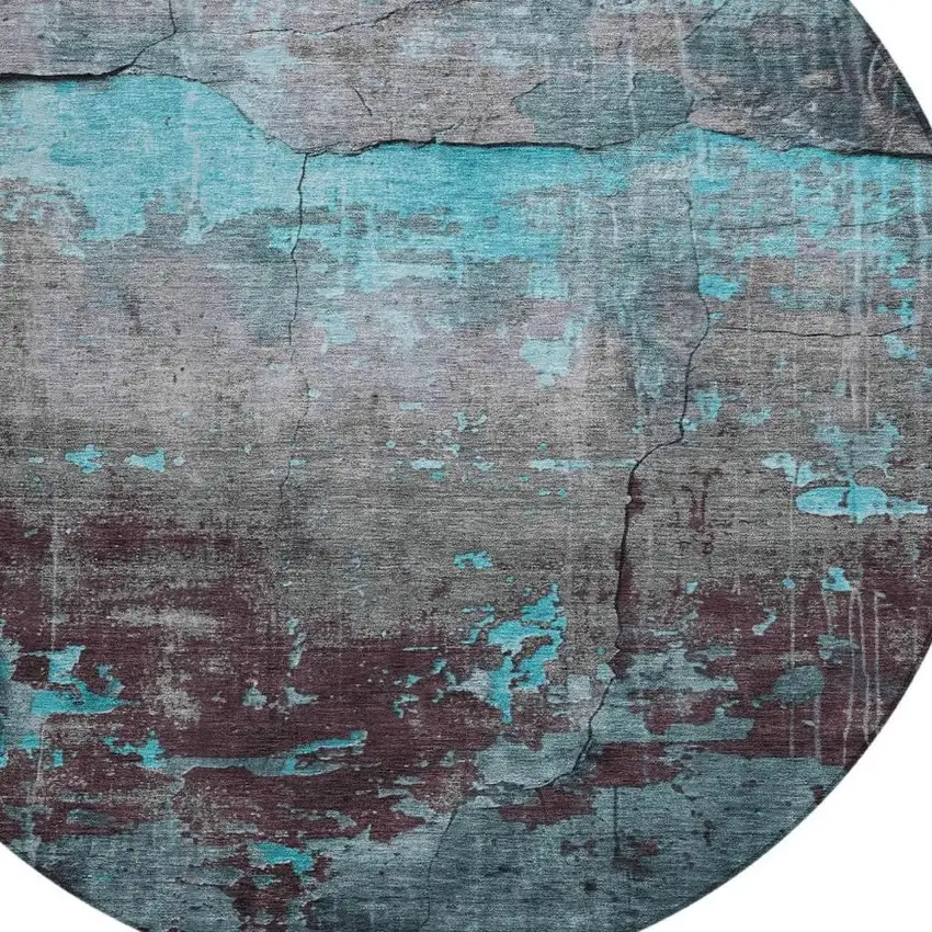 8' Teal Blue Gray And Taupe Round Abstract Washable Indoor Outdoor Area Rug Photo 4