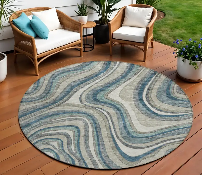 8' Teal Blue Gray And Taupe Round Abstract Washable Indoor Outdoor Area Rug Photo 1