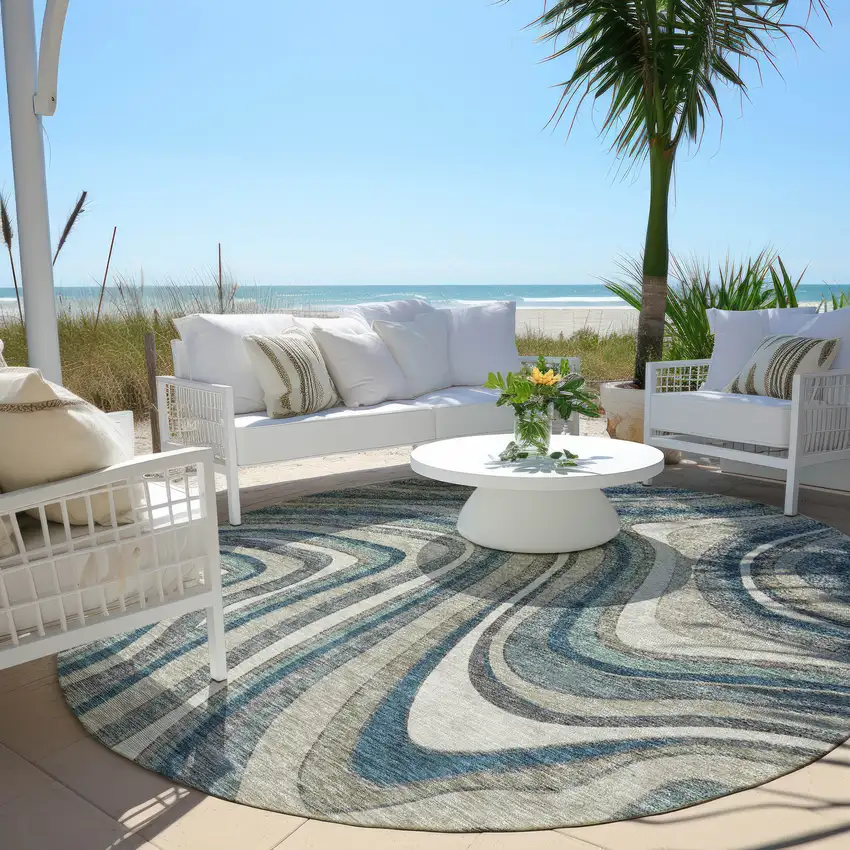 8' Teal Blue Gray And Taupe Round Abstract Washable Indoor Outdoor Area Rug Photo 6