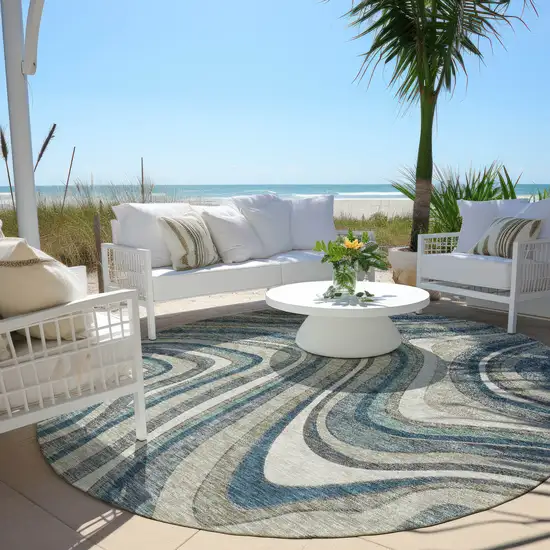 8' Teal Blue Gray And Taupe Round Abstract Washable Indoor Outdoor Area Rug Photo 6