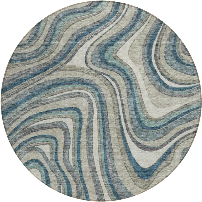 8' Teal Blue Gray And Taupe Round Abstract Washable Indoor Outdoor Area Rug Photo 1