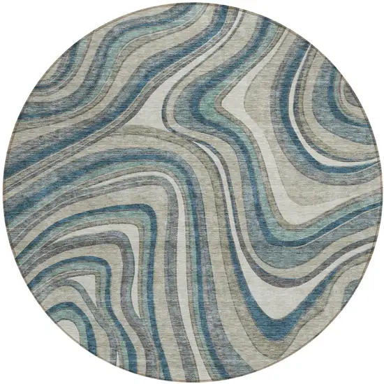 8' Teal Blue Gray And Taupe Round Abstract Washable Indoor Outdoor Area Rug Photo 1