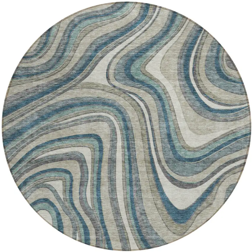 8' Teal Blue Gray And Taupe Round Abstract Washable Indoor Outdoor Area Rug Photo 1