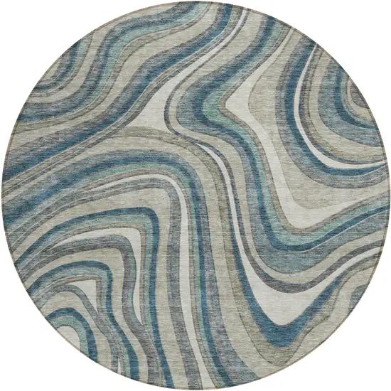8' Teal Blue Gray And Taupe Round Abstract Washable Indoor Outdoor Area Rug Photo 1