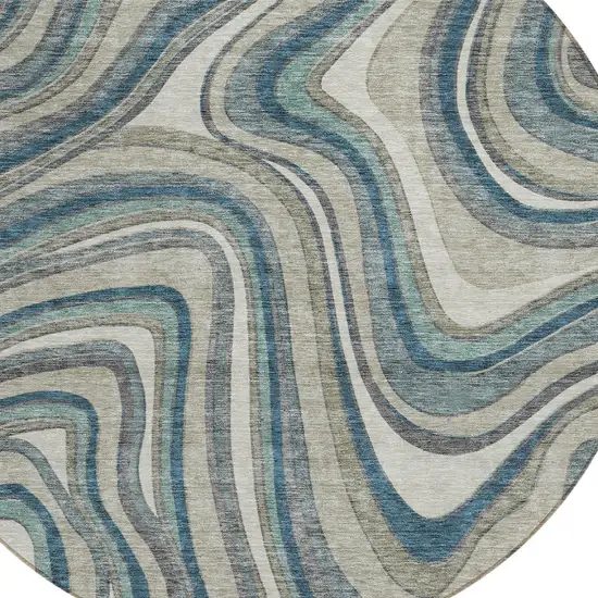 8' Teal Blue Gray And Taupe Round Abstract Washable Indoor Outdoor Area Rug Photo 4