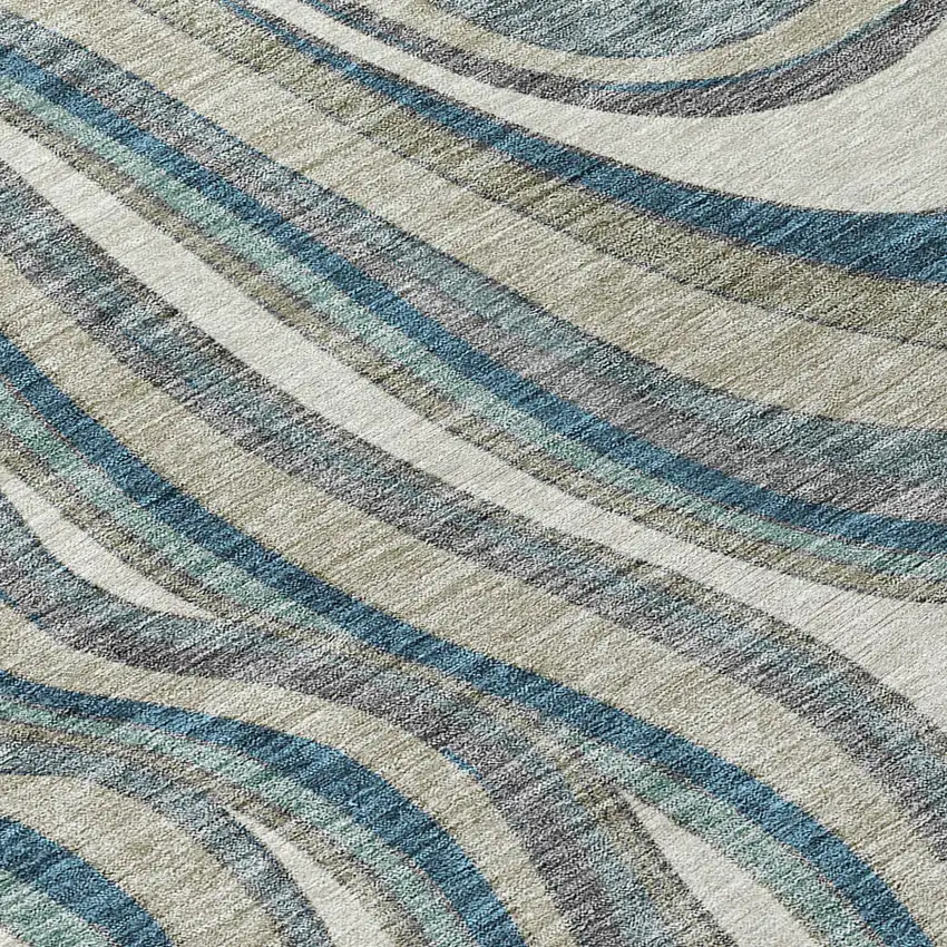 8' Teal Blue Gray And Taupe Round Abstract Washable Indoor Outdoor Area Rug Photo 9