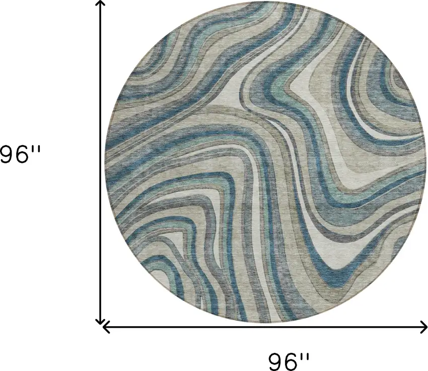 8' Teal Blue Gray And Taupe Round Abstract Washable Indoor Outdoor Area Rug Photo 8