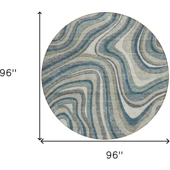 8' Teal Blue Gray And Taupe Round Abstract Washable Indoor Outdoor Area Rug Photo 8