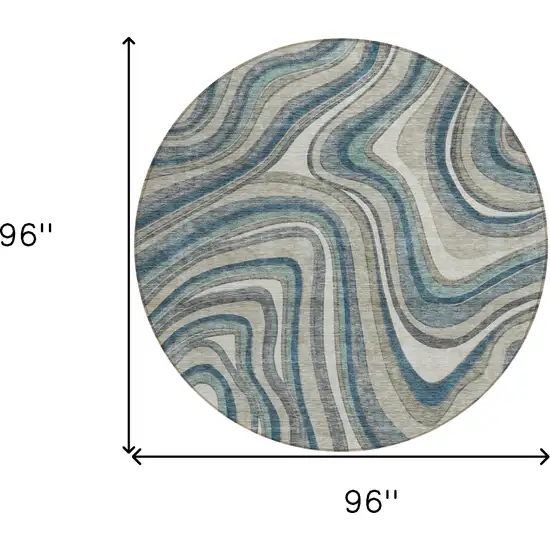 8' Teal Blue Gray And Taupe Round Abstract Washable Indoor Outdoor Area Rug Photo 8
