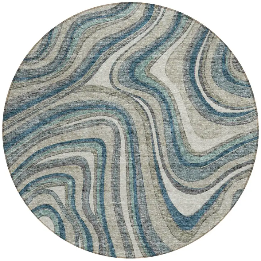 8' Teal Blue Gray And Taupe Round Abstract Washable Indoor Outdoor Area Rug Photo 5