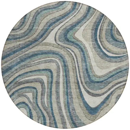 8' Teal Blue Gray And Taupe Round Abstract Washable Indoor Outdoor Area Rug Photo 5