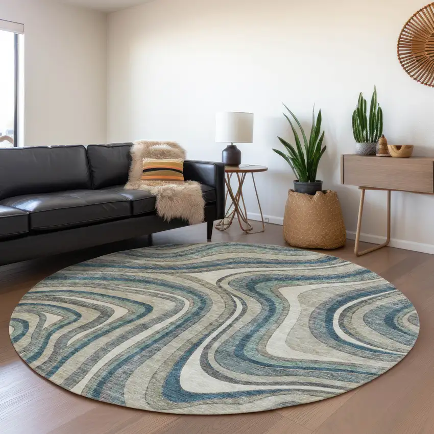 8' Teal Blue Gray And Taupe Round Abstract Washable Indoor Outdoor Area Rug Photo 7