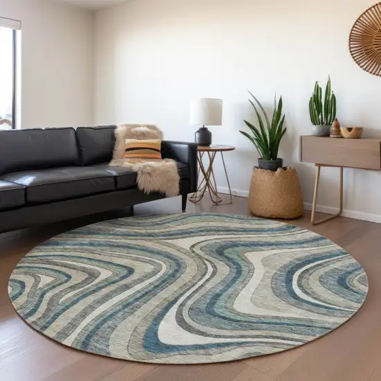 8' Teal Blue Gray And Taupe Round Abstract Washable Indoor Outdoor Area Rug Photo 7