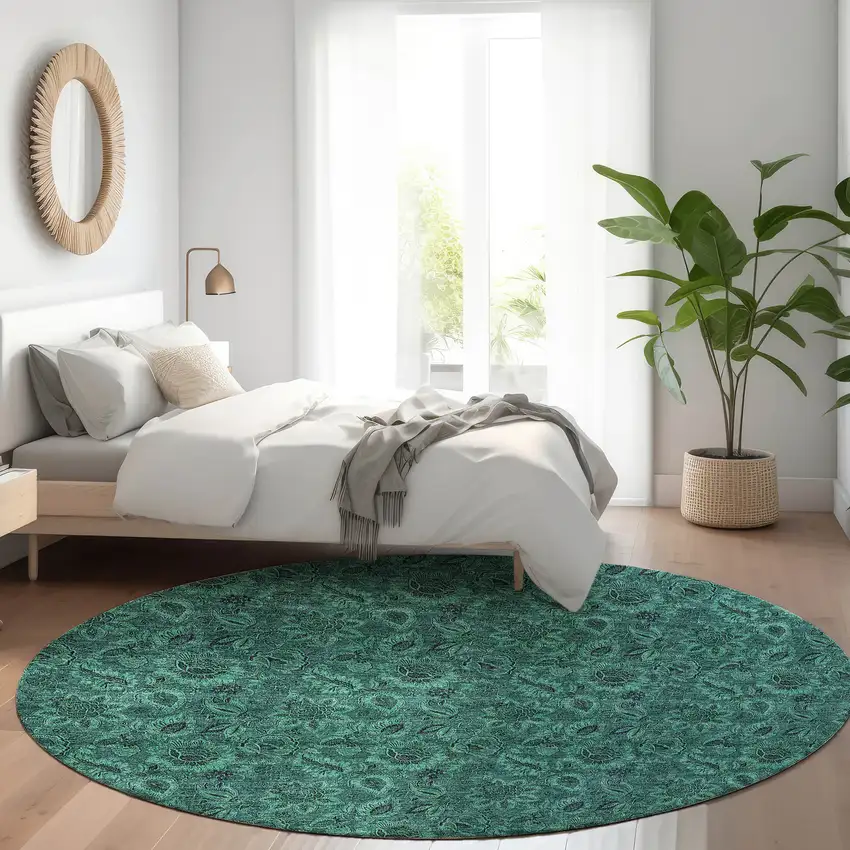 8' Teal Blue Green And Charcoal Round Floral Washable Indoor Outdoor Area Rug Photo 6