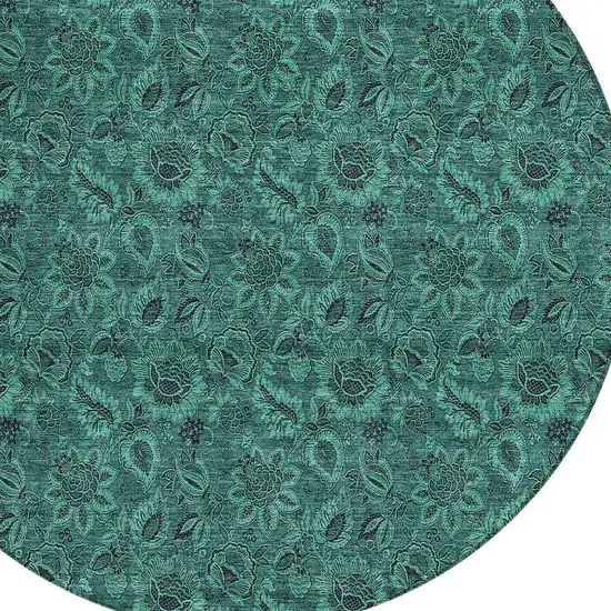 8' Teal Blue Green And Charcoal Round Floral Washable Indoor Outdoor Area Rug Photo 3