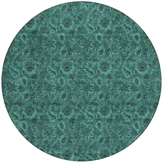 8' Teal Blue Green And Charcoal Round Floral Washable Indoor Outdoor Area Rug Photo 4