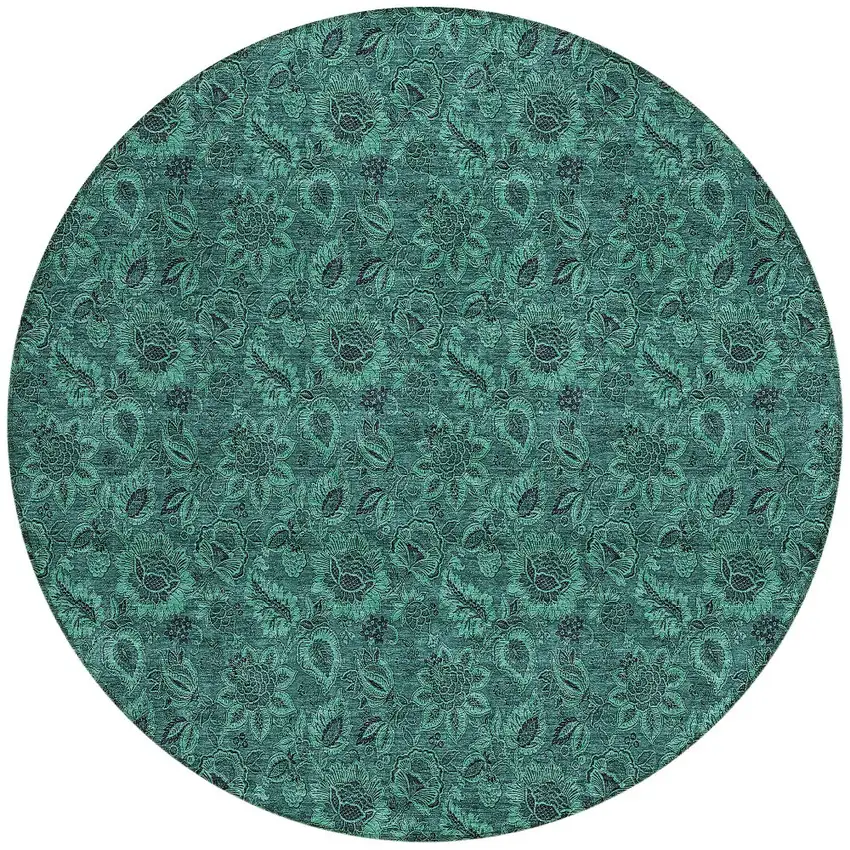 8' Teal Blue Green And Charcoal Round Floral Washable Indoor Outdoor Area Rug Photo 4