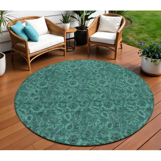 8' Teal Blue Green And Charcoal Round Floral Washable Indoor Outdoor Area Rug Photo 9
