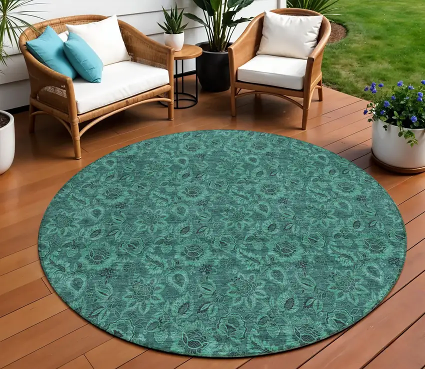 8' Teal Blue Green And Charcoal Round Floral Washable Indoor Outdoor Area Rug Photo 9