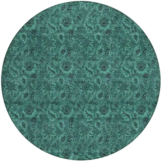 8' Teal Blue Green And Charcoal Round Floral Washable Indoor Outdoor Area Rug Photo 1