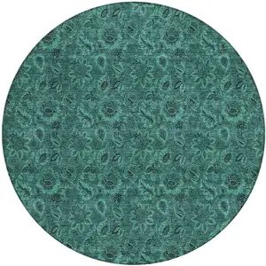 Photo of 8' Teal Blue Green And Charcoal Round Floral Washable Indoor Outdoor Area Rug